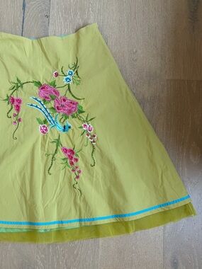 Source Unknown Yellow A-Line Skirt with Pink Floral & Blue Bird Embroidery